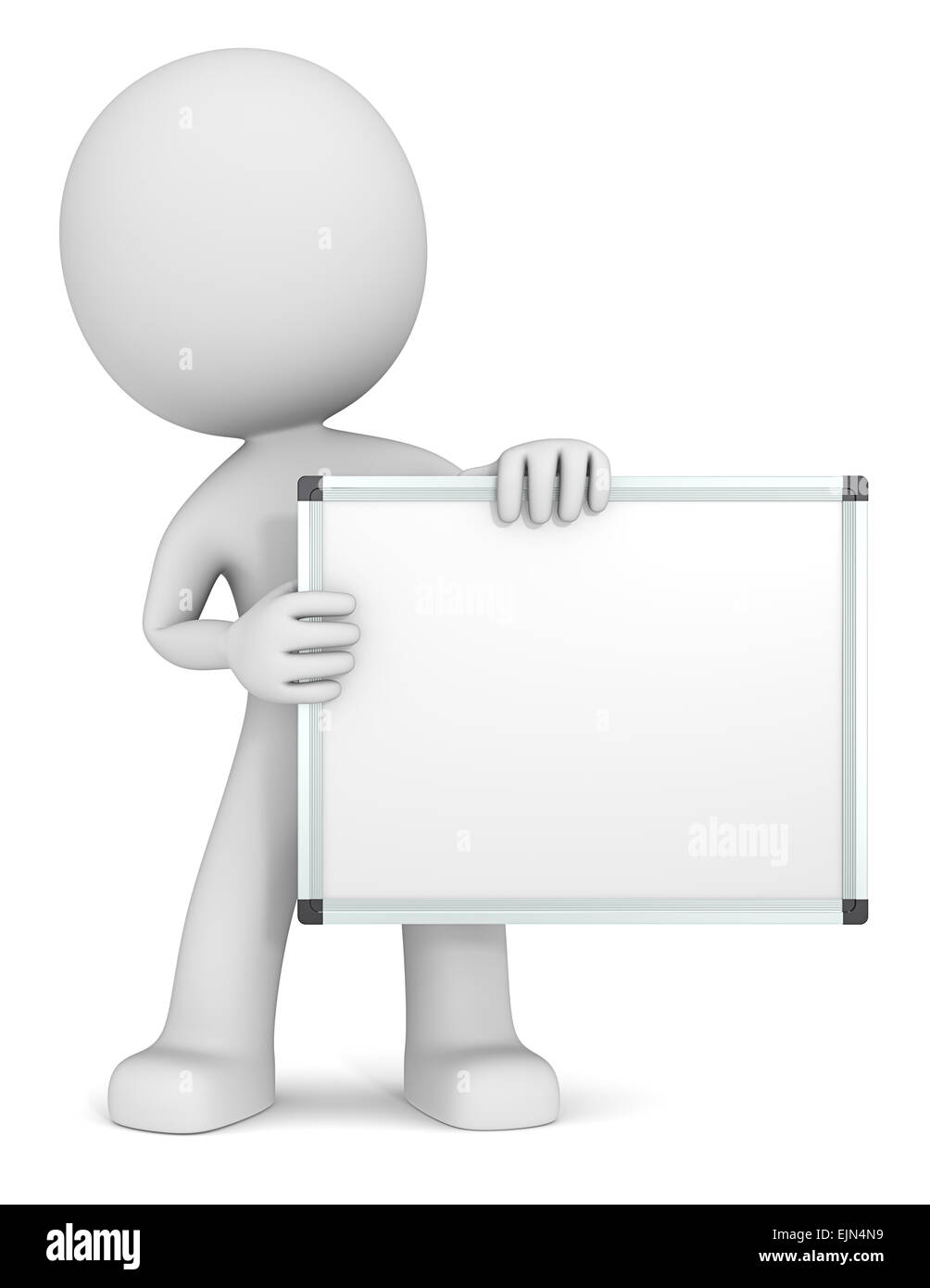 Whiteboard. Der Dude 3D-Charakter Holdning Whiteboard. White, Textfreiraum. Stockfoto