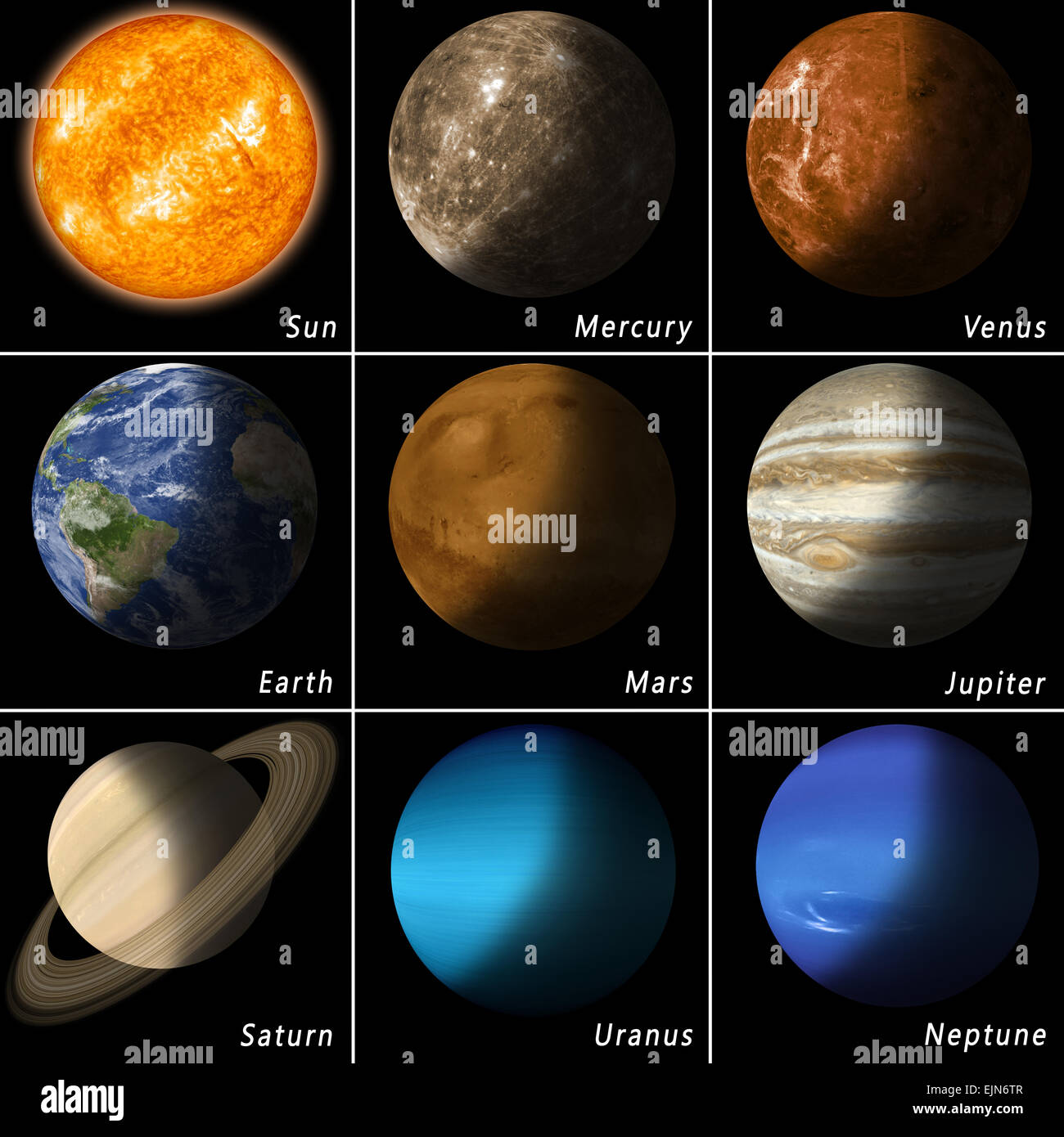 alle bekanntesten Sonnensystem Planeten und die wichtigsten Sterne Sonne Stockfoto