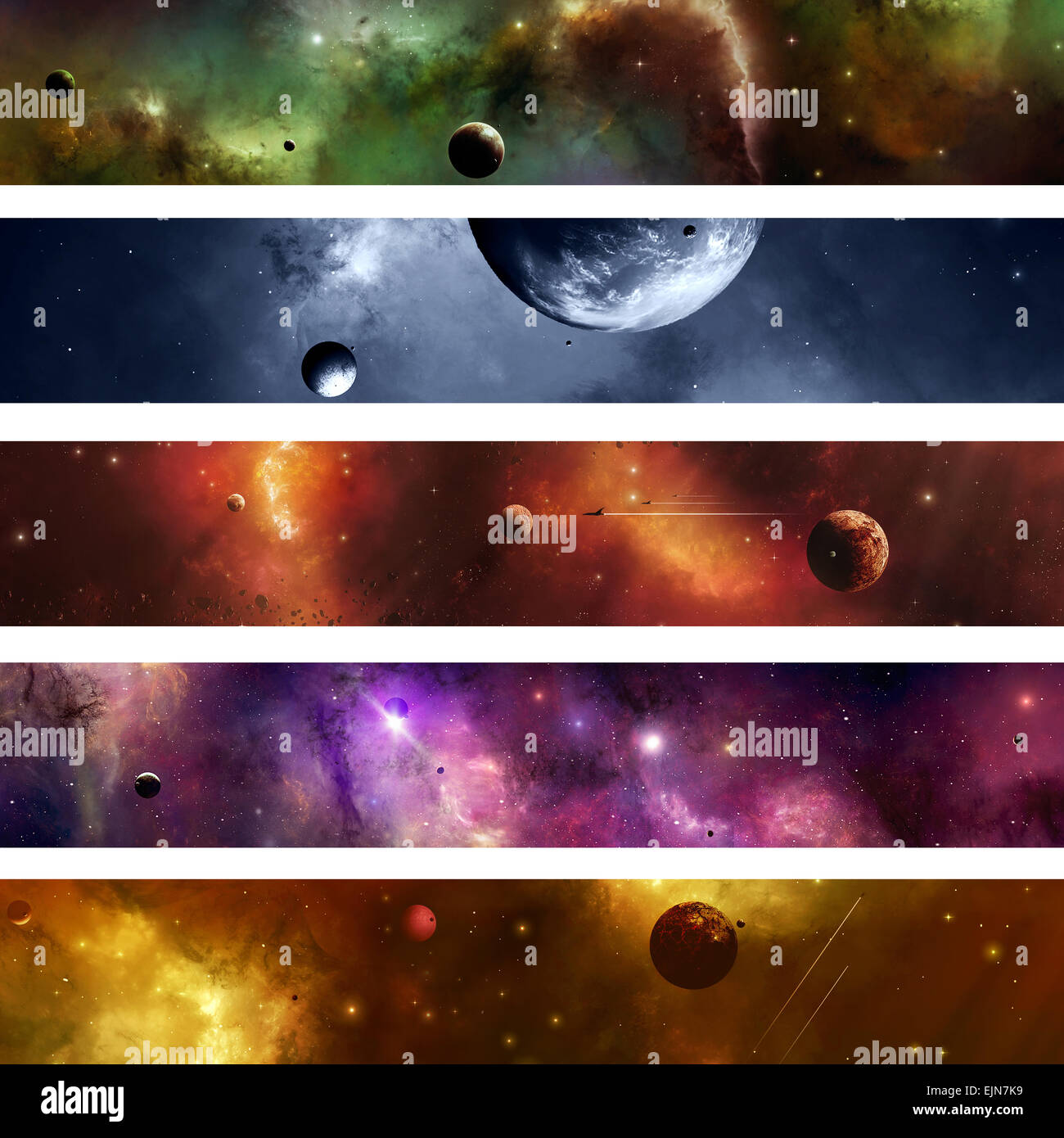 Imaginäre Sonnen Planeten Monde Sterne Nebel Handwerk Banner Platz Stockfoto