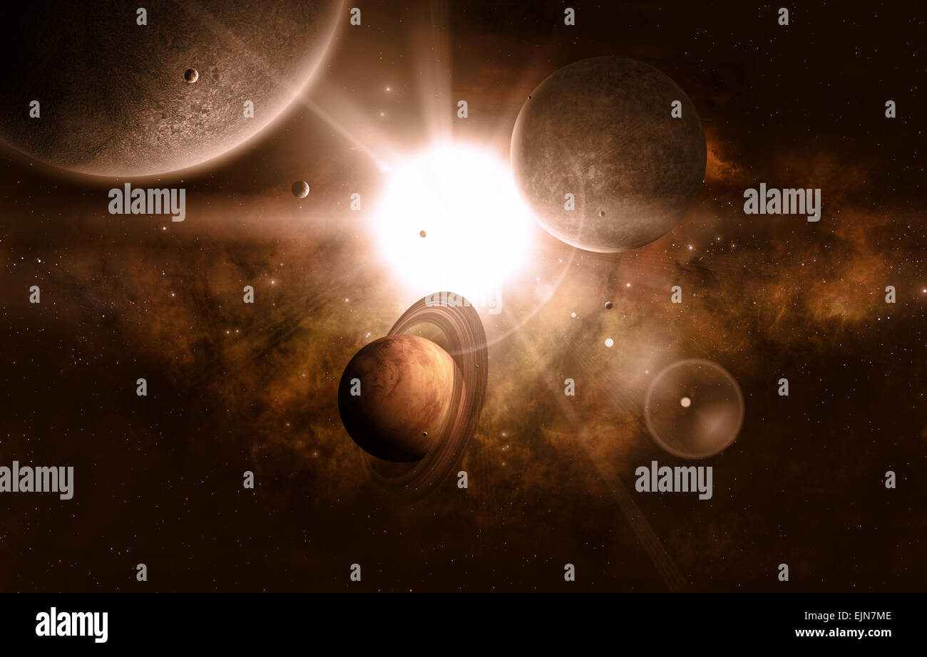 imaginären Raum Blick auf helle Sterne Gas-Planeten und Monde Stockfoto