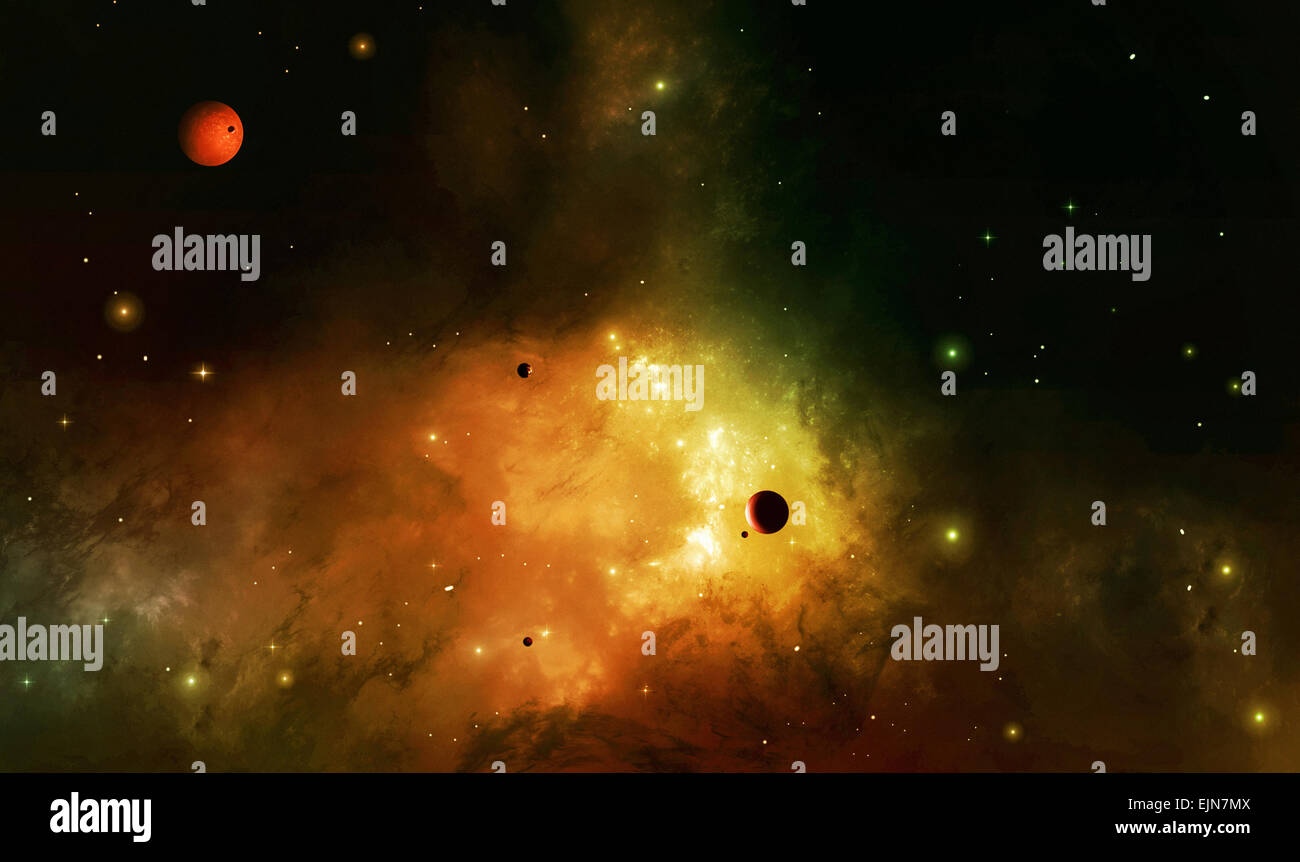 imaginäre Weltraum Illustration mit Planeten, Sterne und Nebel Stockfoto