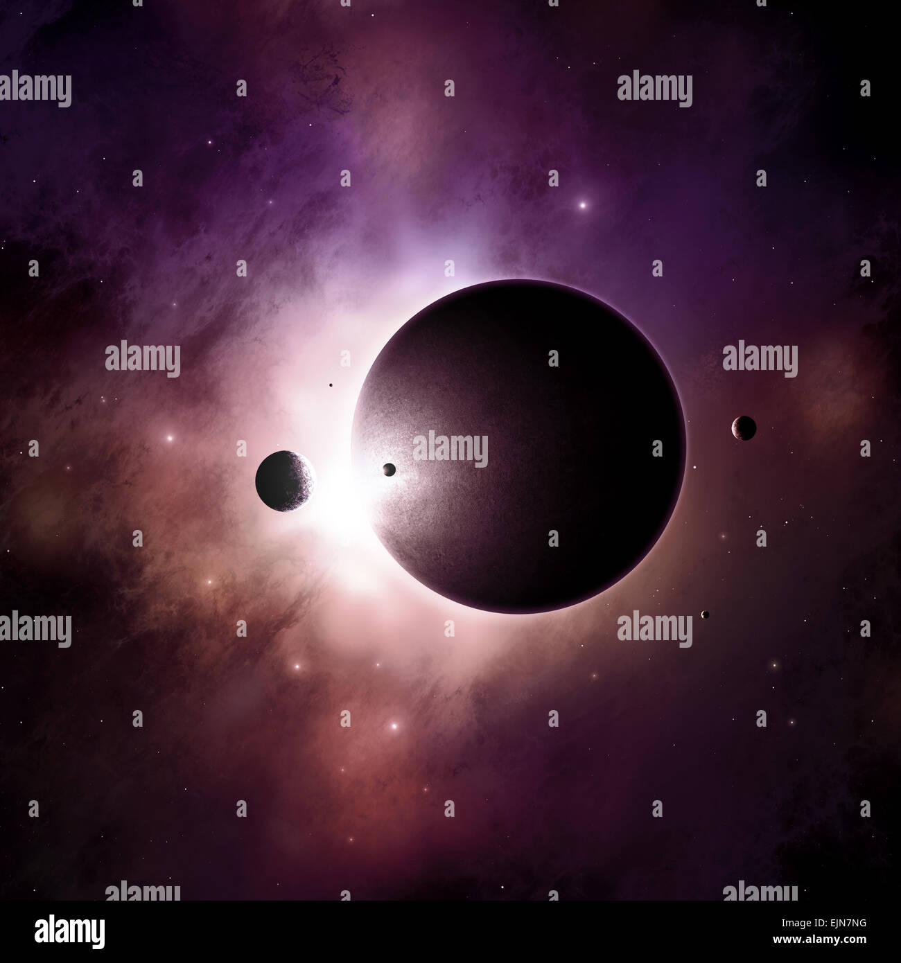 Raum-Ansicht mit Nebel Planeten Sonne Sterne Stockfoto