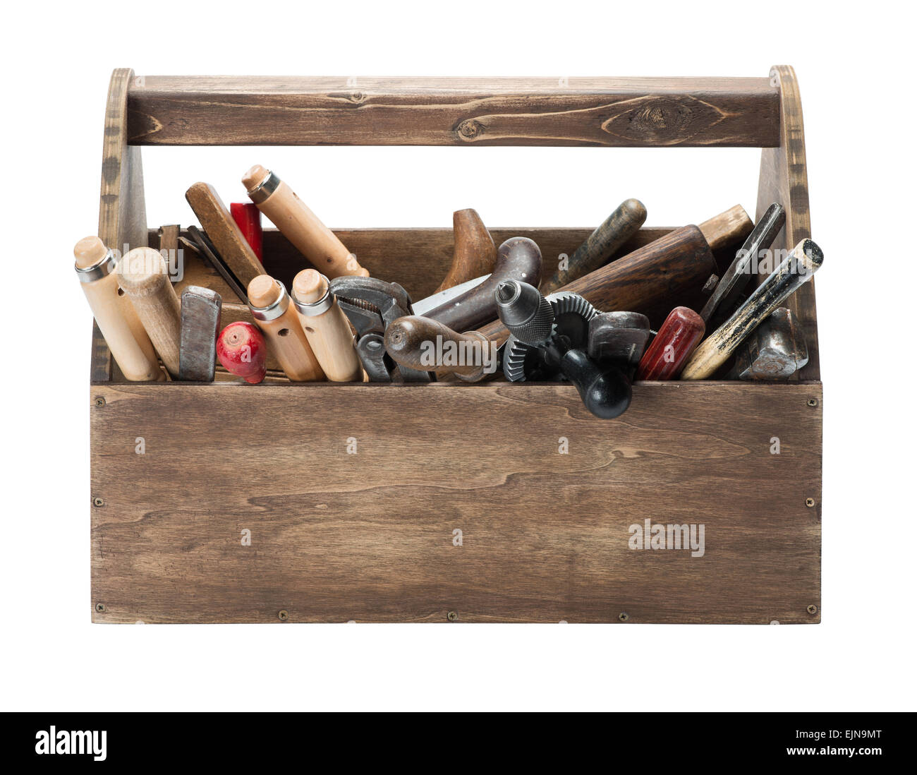 Holz Werkzeugkasten mit alten Werkzeugen Stockfoto