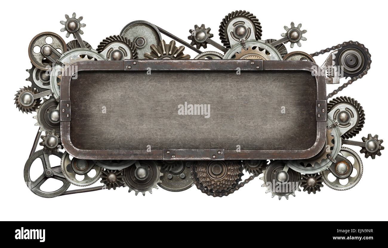 Stilisierte mechanische Collage. Hergestellt aus Metallgetriebe und Texturen. Stockfoto