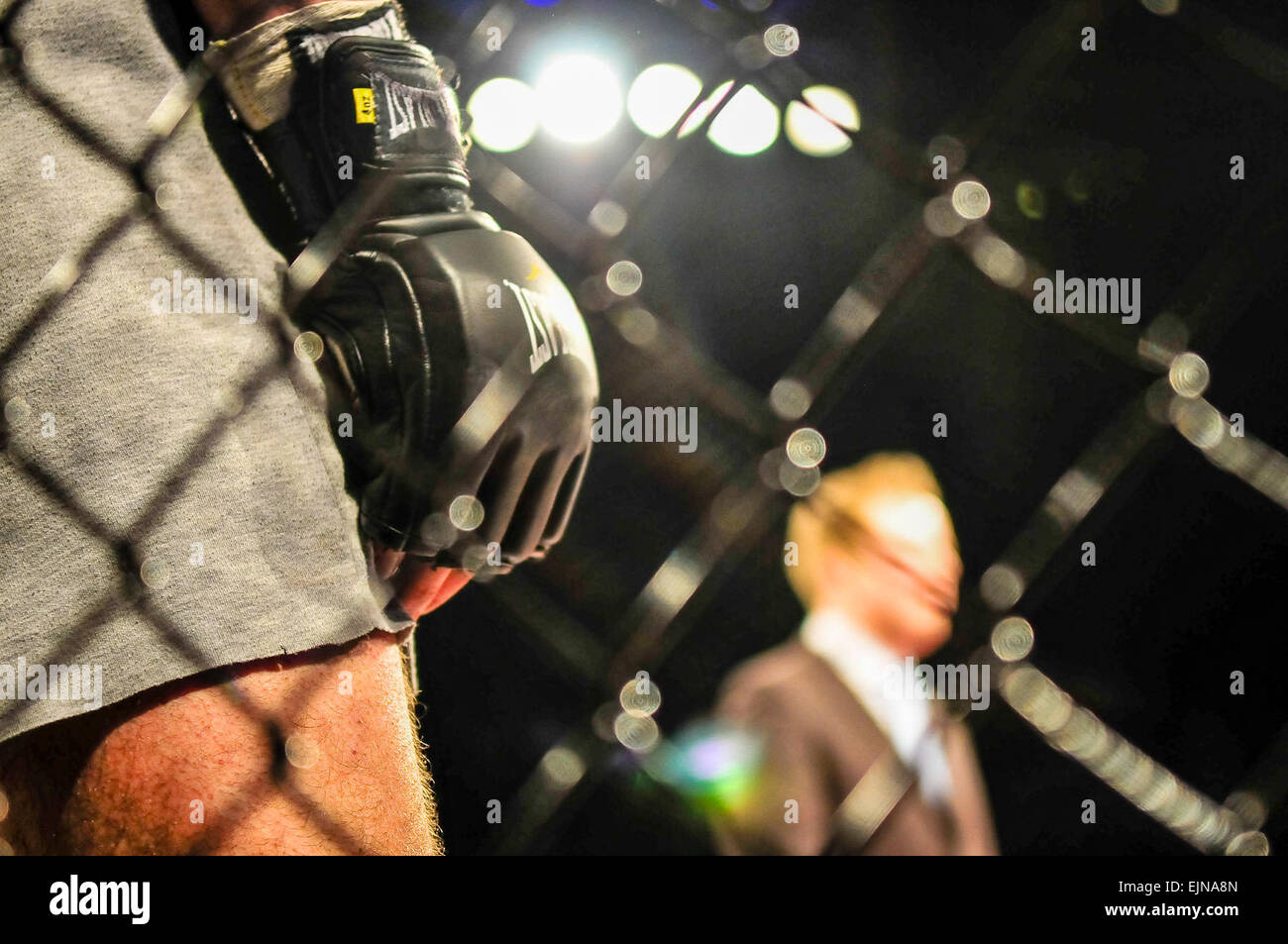 Ein MMA-Käfig-Kämpfer trägt Handschuhe Everlast und wartet auf seinen Kampf beginnen Stockfoto