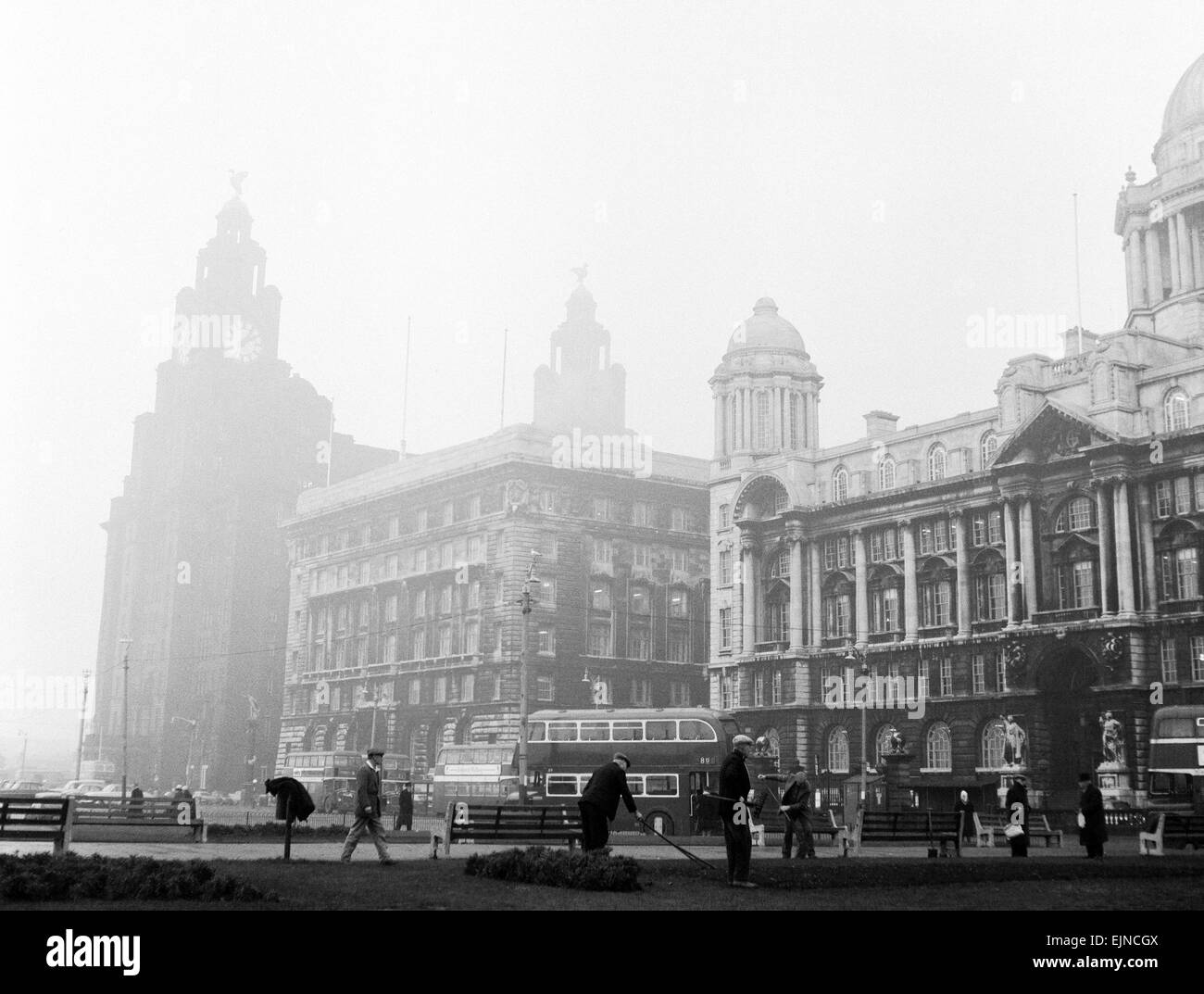 Arbeitslose und Ansichten von Liverpool, Merseyside, 30. November 1962. Das Royal Liver Building und Cunard Building. Stockfoto