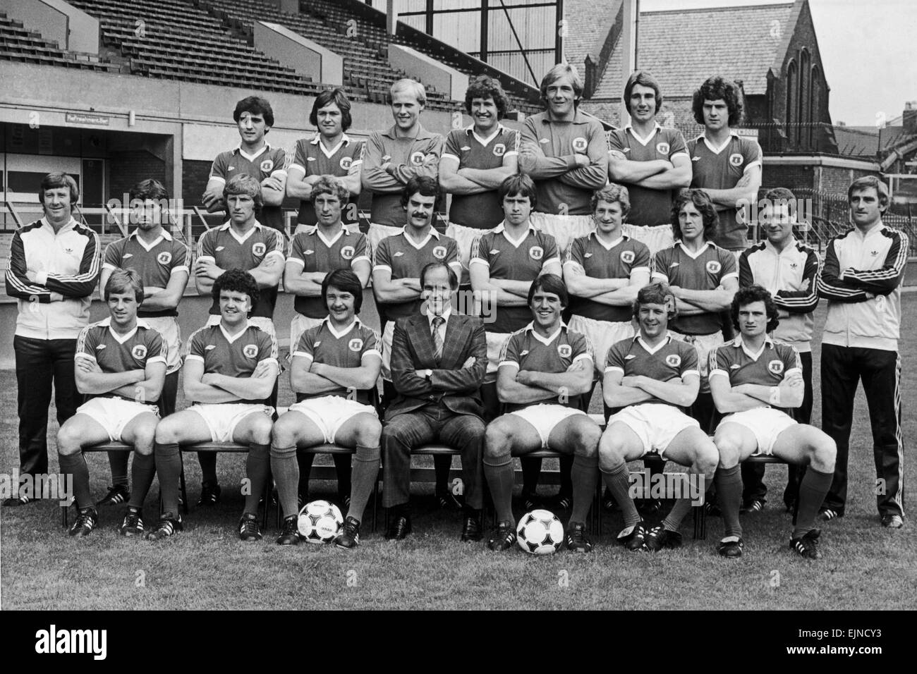 Everton-Mannschaft posieren für ein Gruppenfoto im Goodison Park, 30. Juli 1979. Stockfoto