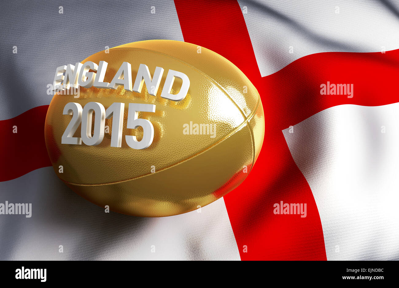 England-2015. Goldene Rugby-Ball auf die englische Flagge Stockfoto