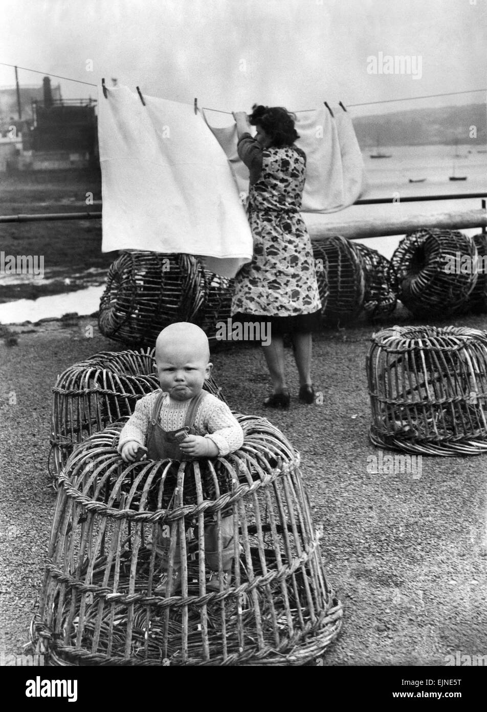 14 Monate Baby ist David nur Lobster Pot-Größe und das ist nur, wo Mama ihn versetzt. April 1949 Stockfoto