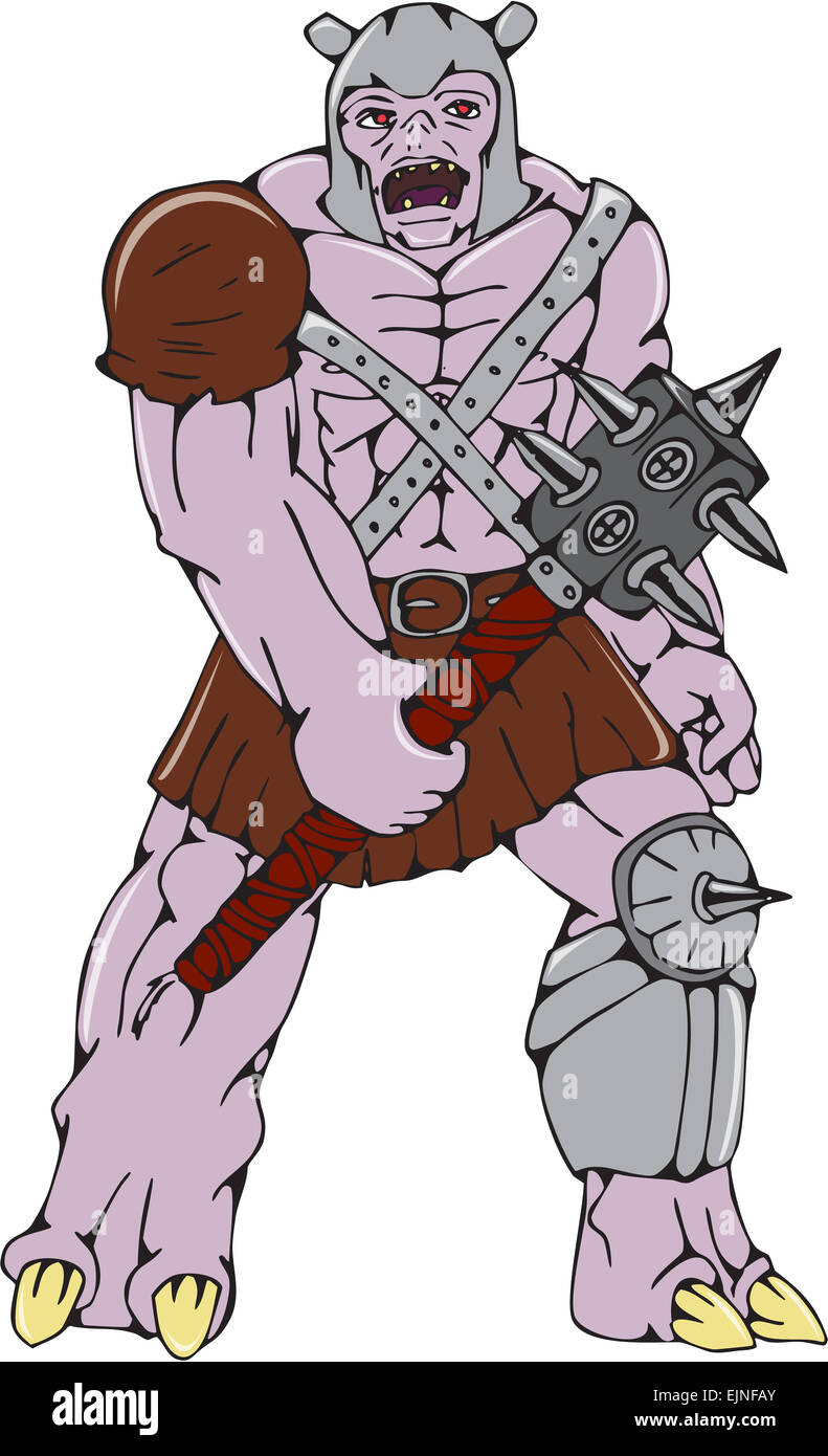 Cartoon-Stil Illustration eine Ork-Krieger mit ein Club mit Dornen und Stacheln von vorne auf isolierte Hintergrund betrachtet. Stockfoto