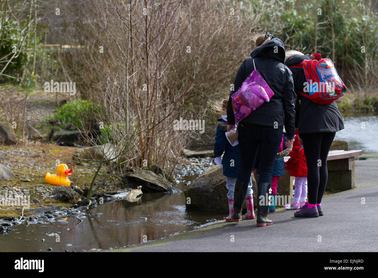 Martin Mere, Rufford, Southport, UK 30. März 2015. Seltsame Begegnungen im Wildfowl & Wetland Centre als Attraktionen erscheinen in unwahrscheinlichen Szenarien für die Osterferien Duck Hunt. Die jährliche Riesen-Ente-Jagd erfolgt mit Gönner auf der Suche nach bunt benannte Gummienten auf dem Gelände des Reservats. Bildnachweis: Mar Photographics/Alamy Live-Nachrichten Stockfoto