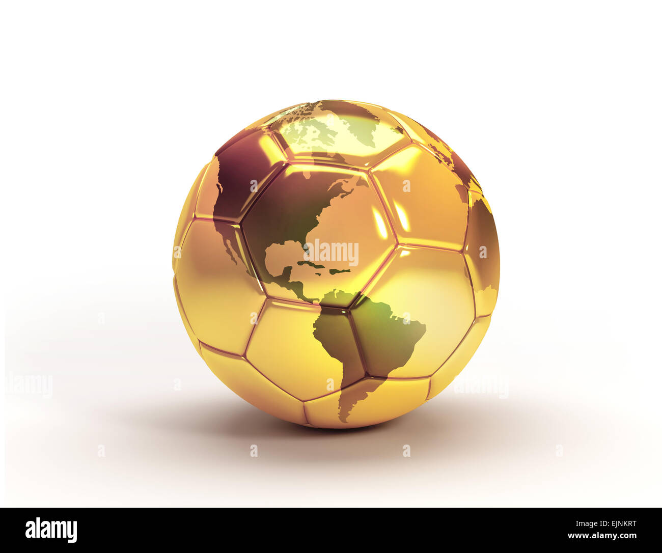 Gold Fußball mit einer Weltkarte, isoliert auf weißem Hintergrund Stockfoto