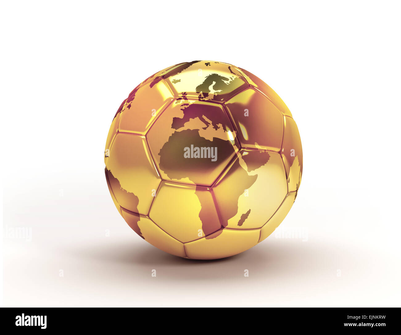Gold Fußball mit einer Weltkarte, isoliert auf weißem Hintergrund Stockfoto