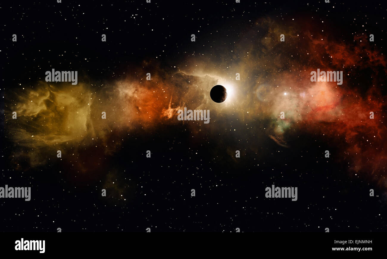 imaginäre Sternenfeld Eclipse Raum Bild mit Nebel Sterne und Lichter Stockfoto