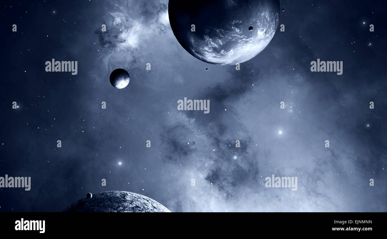 Imaginäre schwarz / weiß Darstellung der Monde der Planeten und des Universums Stockfoto