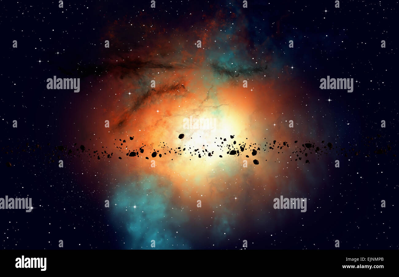 imaginäre Weltraum multicolor Nebel Sterne und Asteroiden Stockfoto