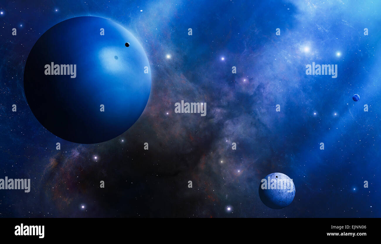 Imaginäre Riesenplaneten in das blaue Licht des Universums Stockfoto