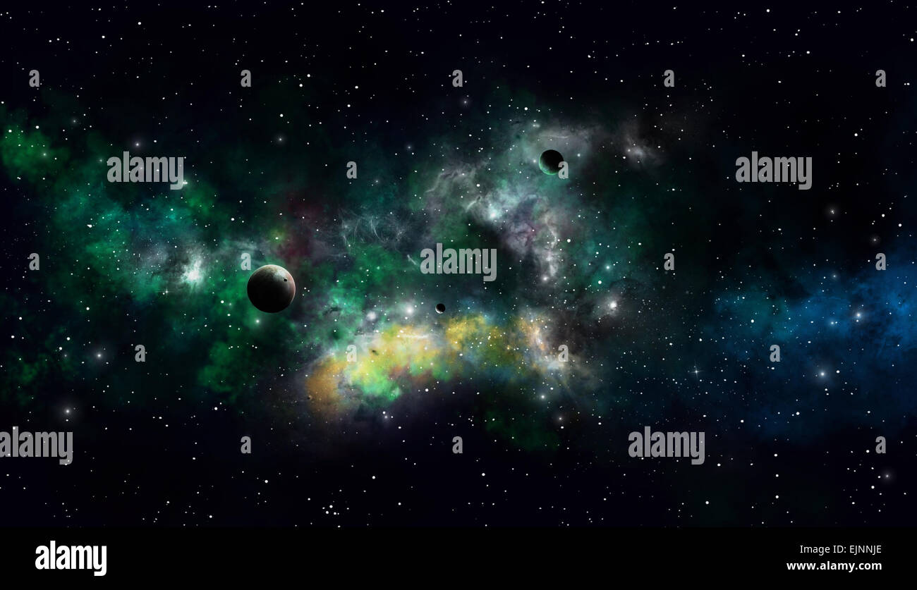 Abstrakte Sternenfeld Raum Hintergrund mit Sternen, Planeten und Monde Stockfoto