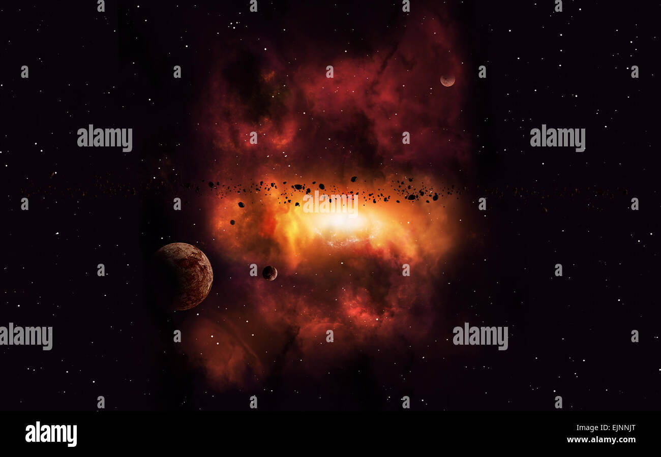 abstrakte imaginären Weltraum Nebel Hintergrund mit Planeten und Asteroiden Stockfoto