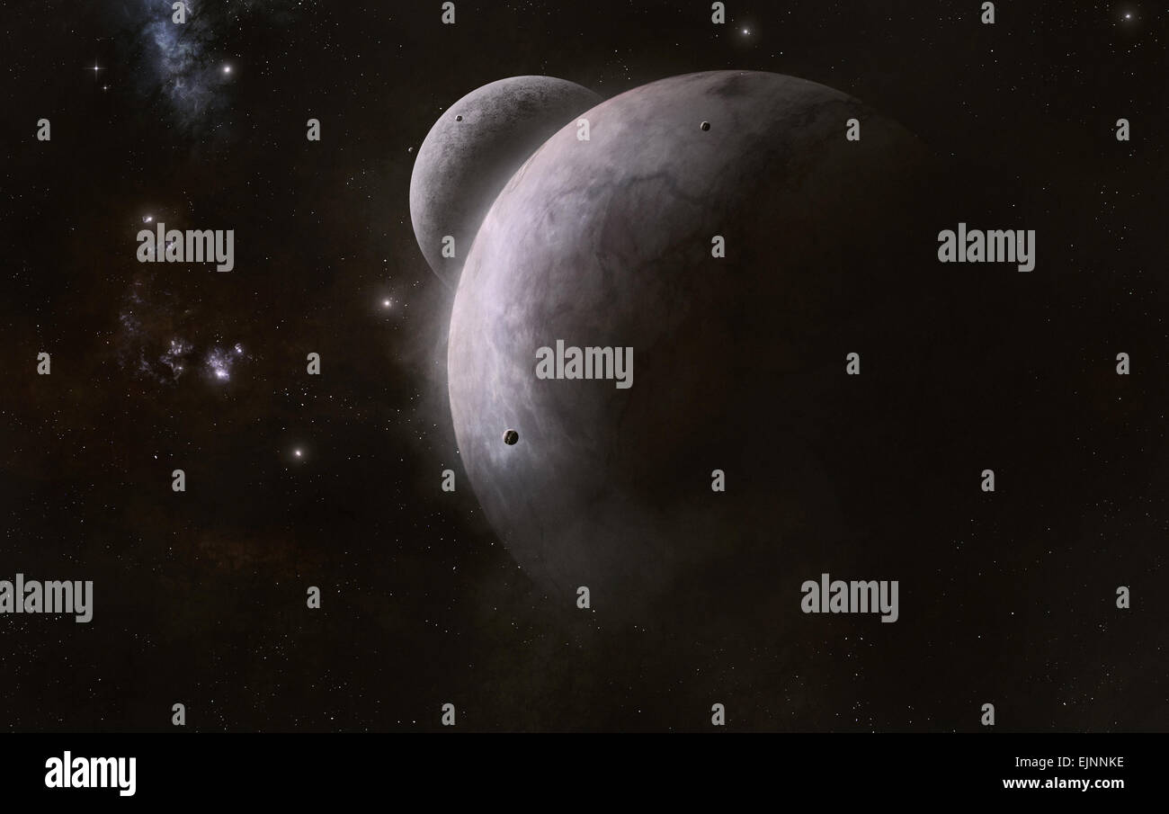 imaginäre Weltraum Hintergrund mit Sternen und Planeten Stockfoto