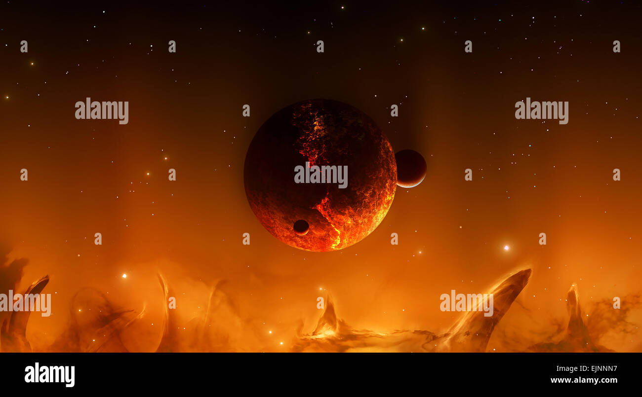 Imaginäre Planeten und seiner Monde im Rausch der Hochtemperatur Stockfoto