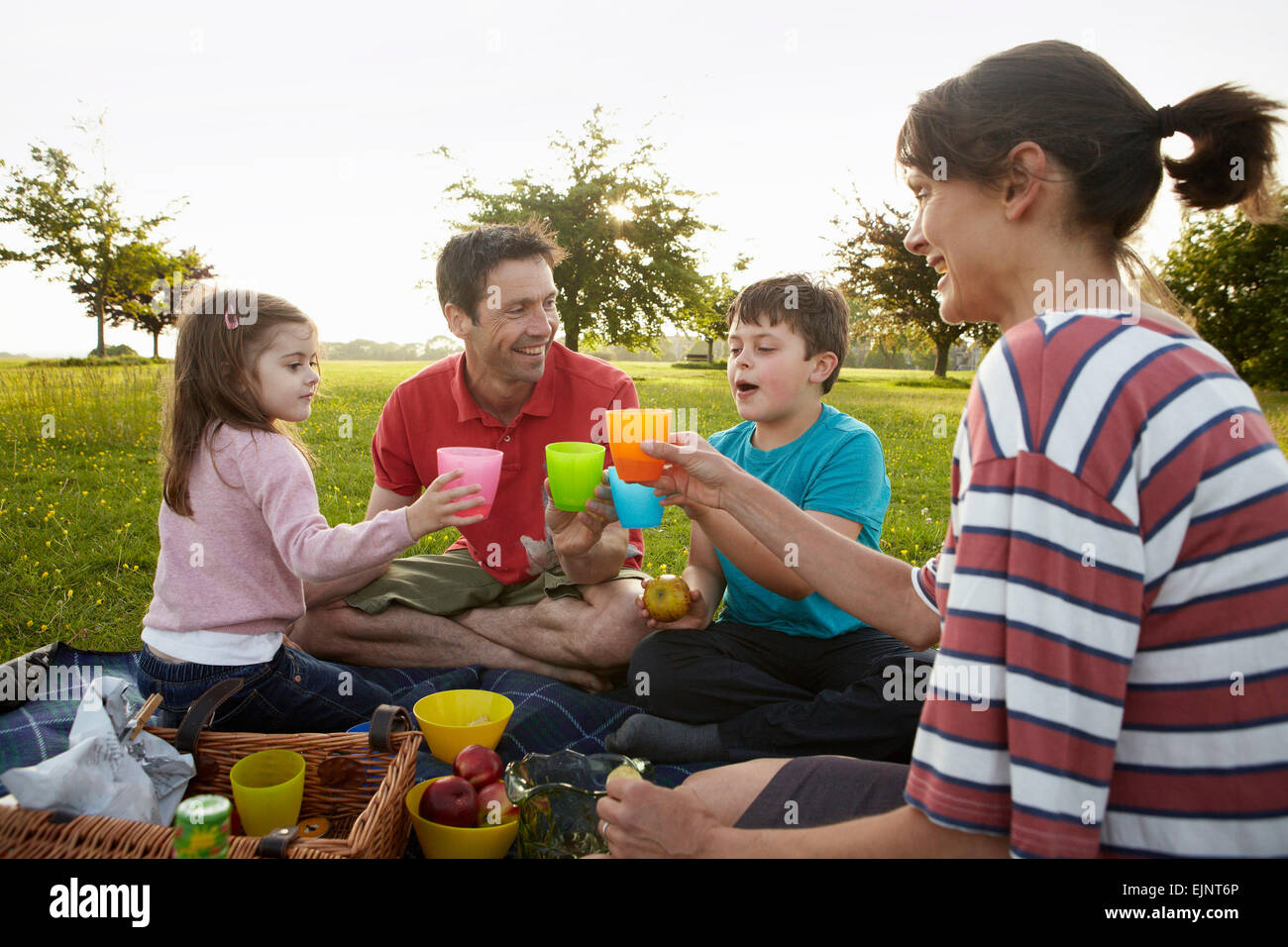 Eine Familie, zwei Eltern und zwei Kinder im Freien im Sommer mit einem Picknick. Stockfoto