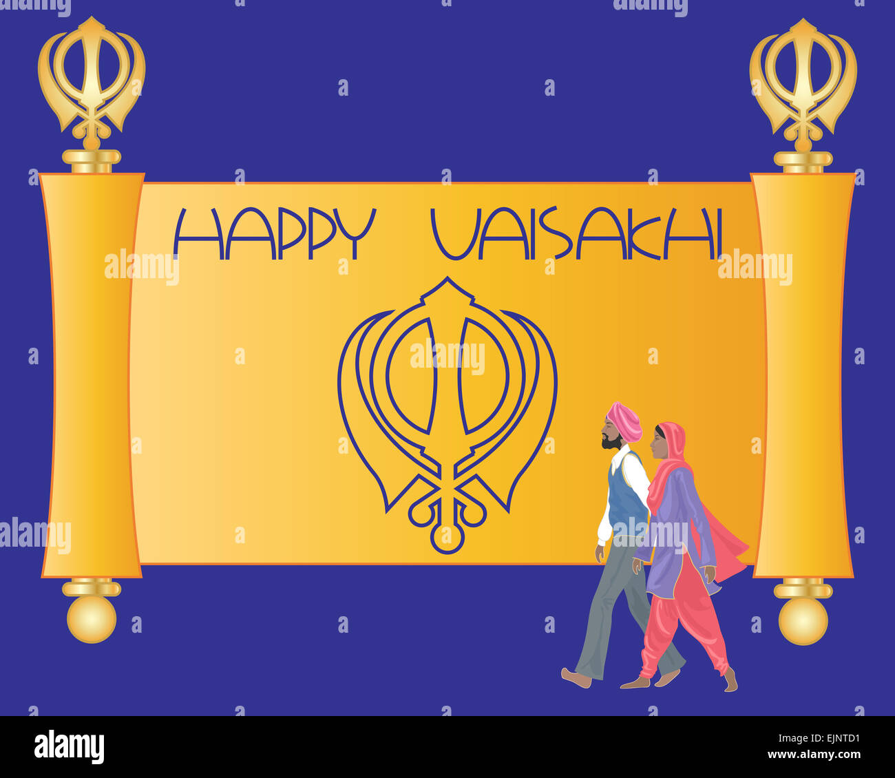 ein Beispiel für ein Sikh Gruß Karte mit lila und Safran Pergament mit den Worten glückliche Vaisakhi und ein Sikh paar Stockfoto