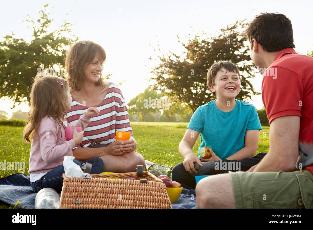 Eine Familie, zwei Eltern und zwei Kinder im Freien im Sommer mit einem Picknick. Stockfoto