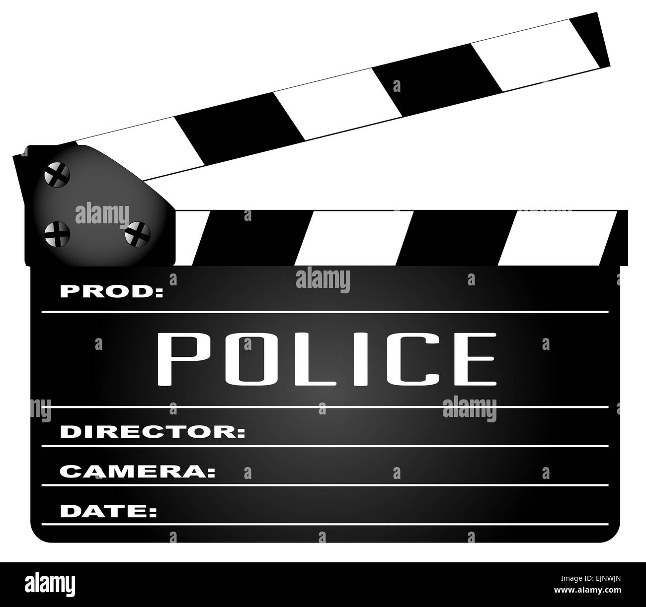 Eine typische Film-Klappe mit der Legende isoliert Polizei auf weiss. Stockfoto