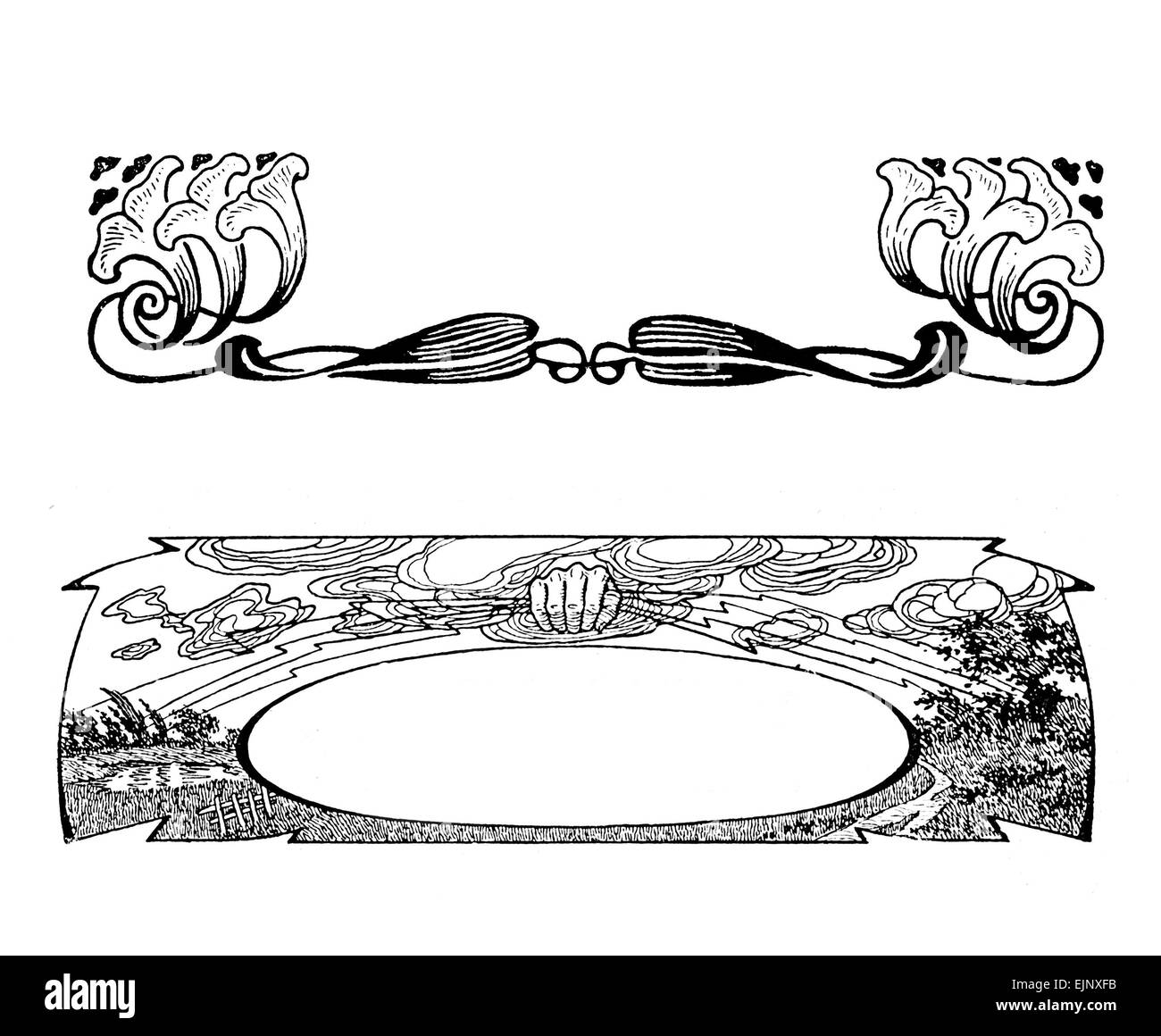 2 Art deco-Frontrahmen mit Platz für eine freie Bezeichnung ein Ländliches Motiv mit stilisierten Blumen Stockfoto