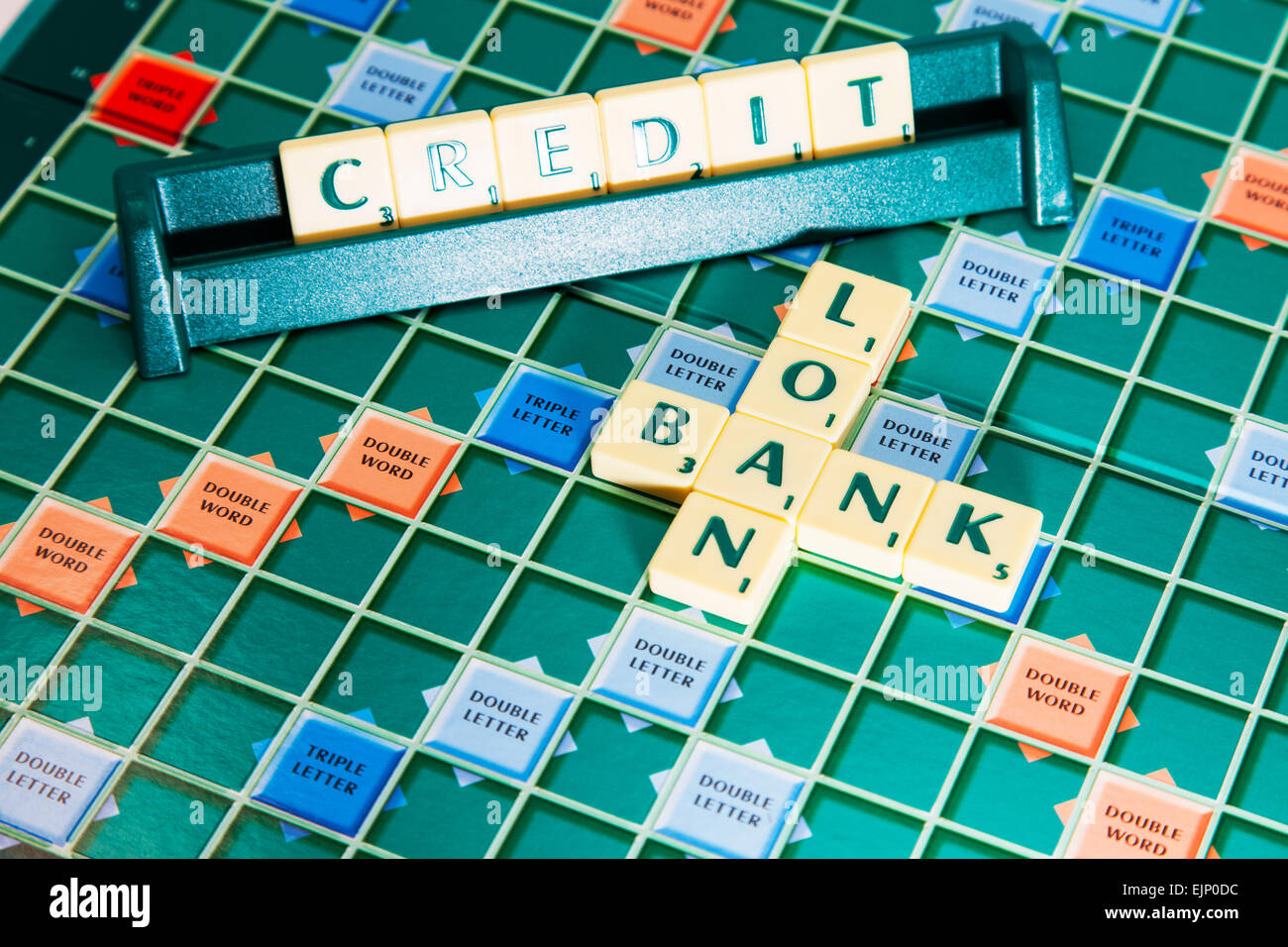 Bank Darlehen Kredit leihen Kreditaufnahme Kredite Darlehen Schulden Schulden Wörter mit Scrabble Fliesen Rechtschreibung Rechtschreibung, veranschaulichen Stockfoto