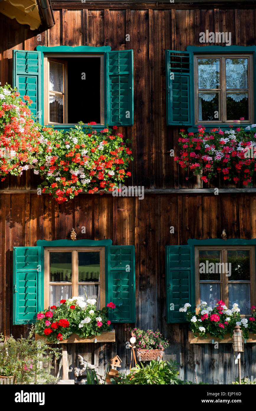 Altes Holzhaus mit grünen Fensterläden und Blumenschmuck in Fischerndorf, Altaussee, Steiermark, Salzkammergut, Österreich Stockfoto