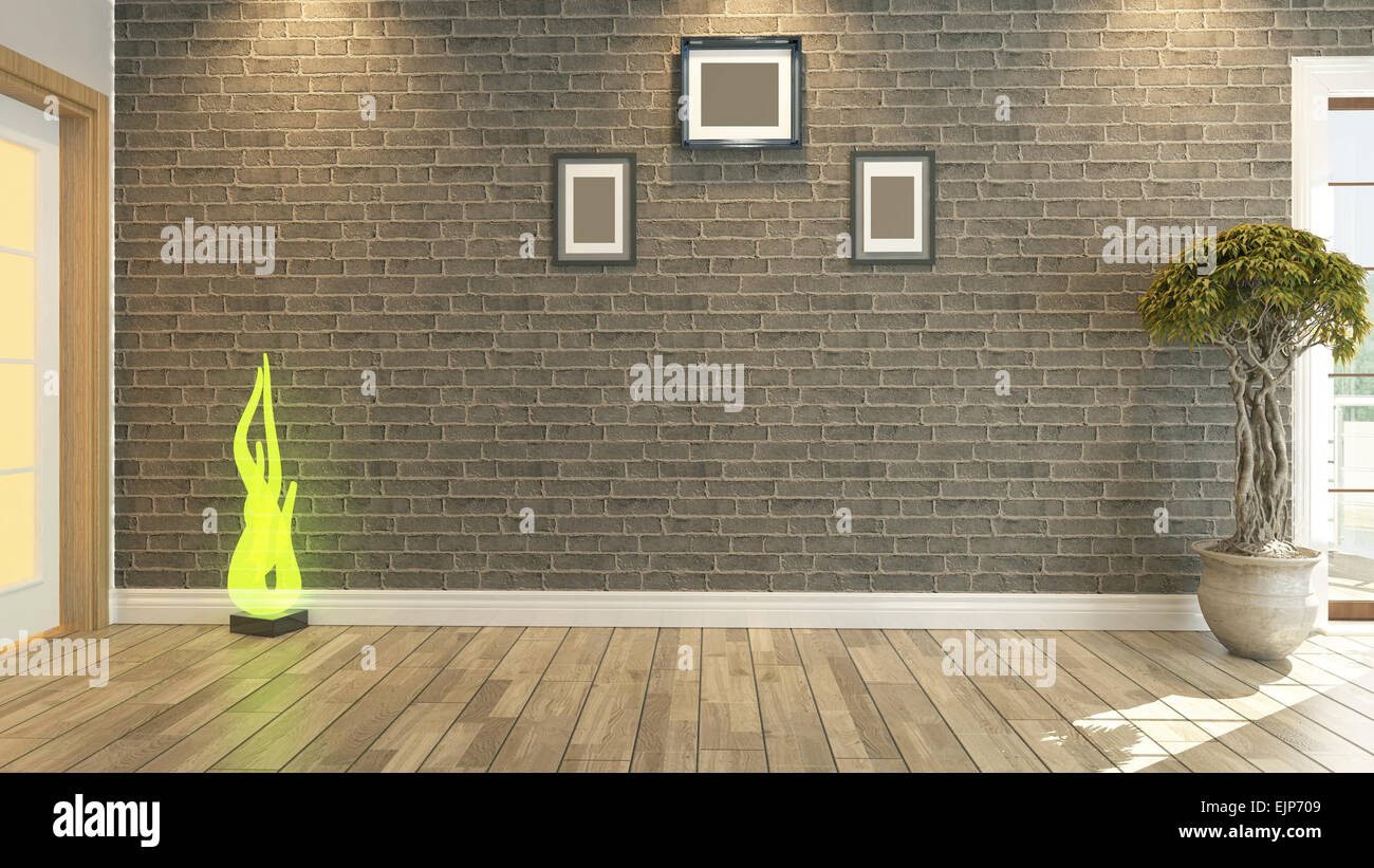 3D-Rendering, Salon oder Wohnzimmer mit Ziegelwerk Wand Stockfoto