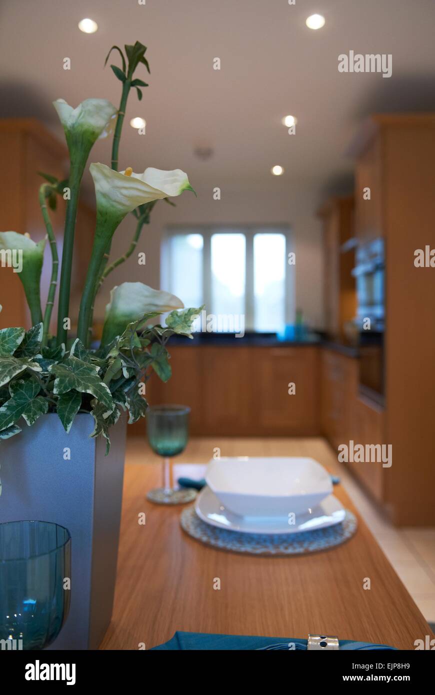 Tabelle der Wohnküche Küche Fenster Küche Einheiten Galeere jade Teal grüne Servietten Becher Gedeck Platte Schale Vase Glashaus Stockfoto