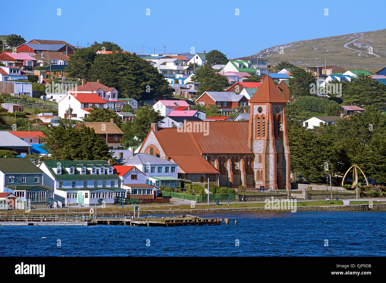 Waterfront mit Christ Kirche-Kathedrale-Port Stanley Falkland-Inseln Stockfoto