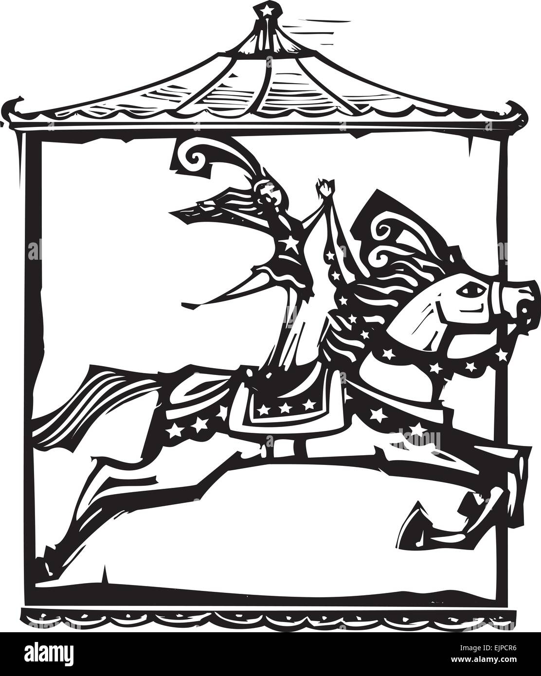 Holzschnitt Stil expressionistische Bild ein Zirkusartist, ein Pferd zu reiten. Stock Vektor