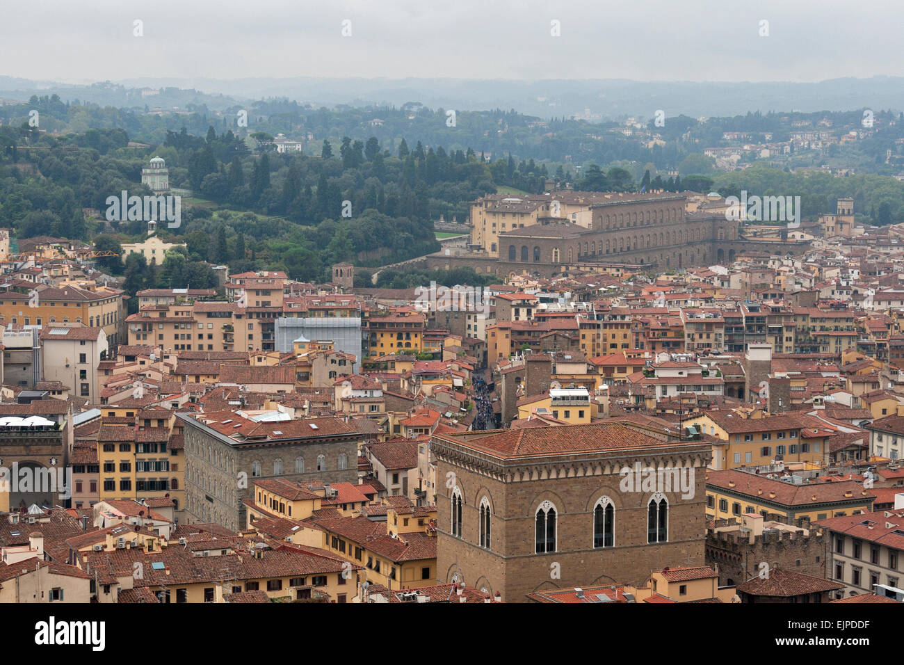 Florenz Stadtbild mit Palazzo Pitti im Nebel. Luftaufnahme. Italien Stockfoto