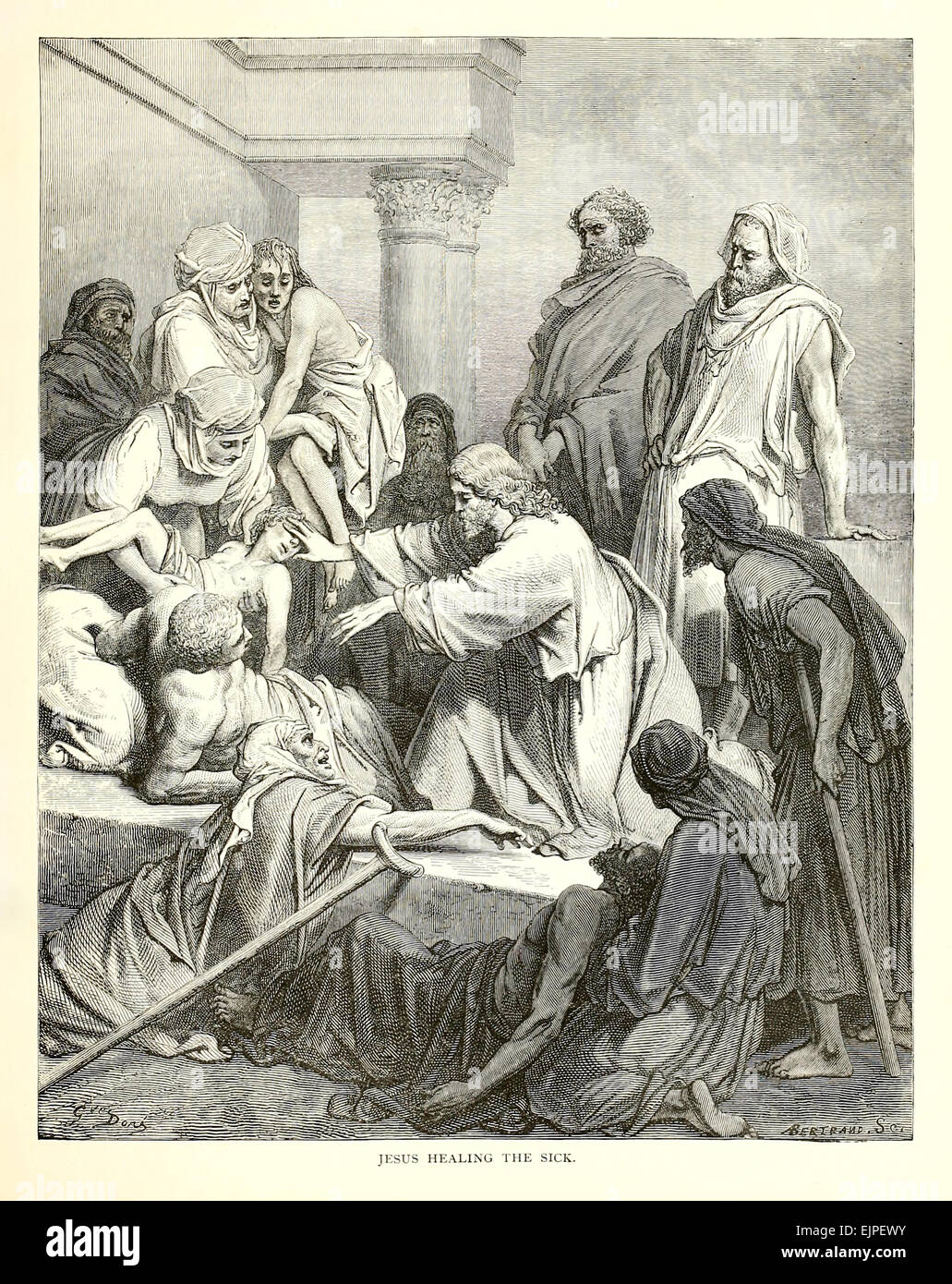 „Jesus Healing the Sick“ 1880 Illustration des französischen Künstlers Paul Gustave Doré (1832–1883), die Jesus umgeben von den Kranken und Bedrängten zeigt und seine Hände in wundersamen Akten des Mitgefühls und der Wiederherstellung ausdehnt. Foto aus einer Originalausgabe der Bibel von 1880 illustriert von Gustave Doré. Kredit: Privatsammlung / AF Fotografie Stockfoto