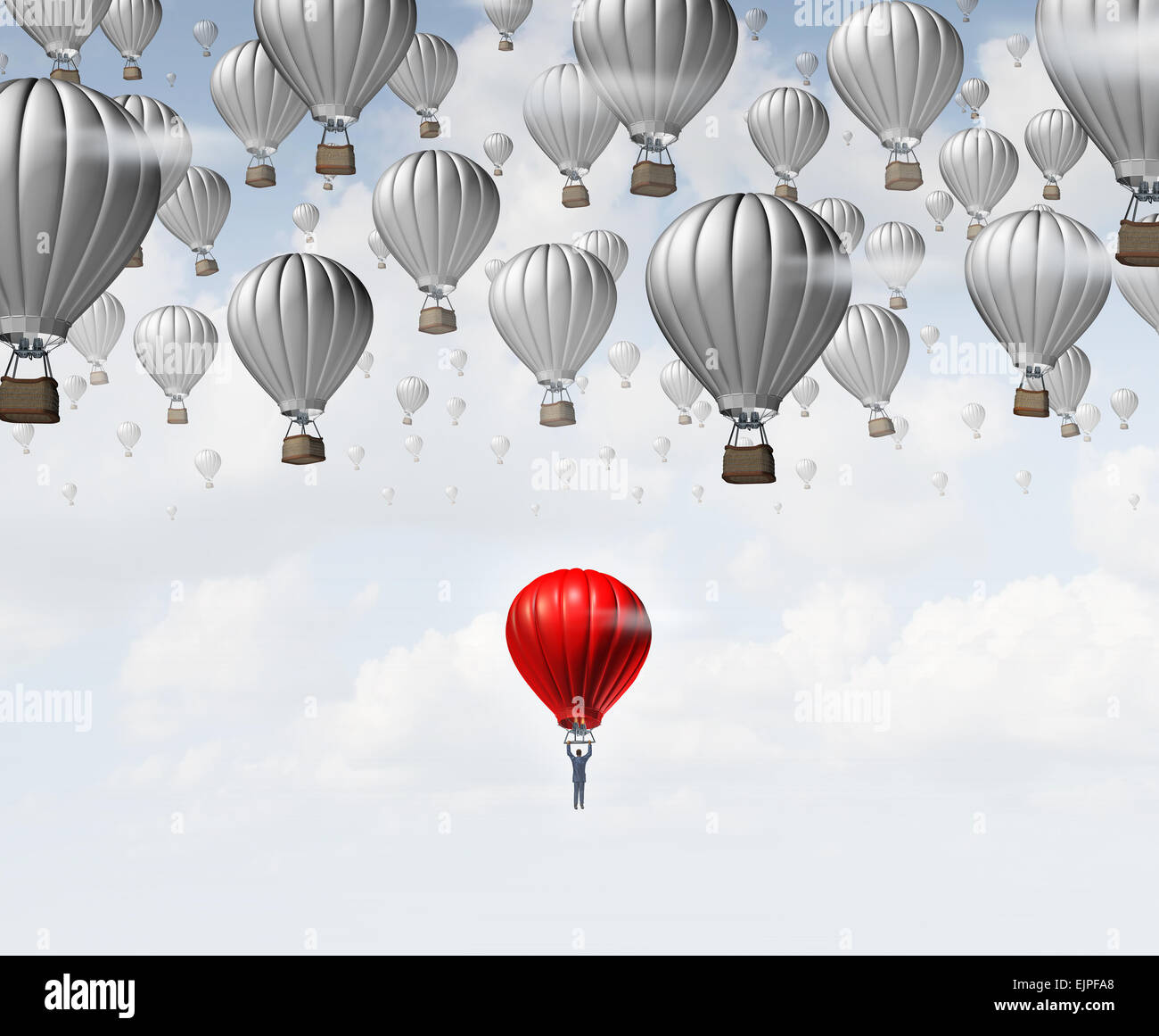 Späte Karriere als Geschäftsmann in einem roten Heißluftballon nachgestellte und einer Gruppe von Wettbewerbern als ein Geschäftskonzept für aufholen und Job Bestrebungen zum Beitritt zu einer Organisation im Rückstand. Stockfoto