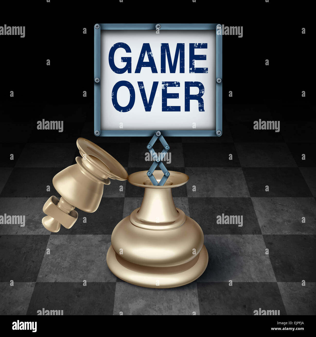 Spiel über Business-Konzept als eine offene König Schachfigur auf einem karierten Brett mit einem Schild mit Worten, die wettbewerbsfähige Metapher darstellt und symbol für das Ende oder die Kündigung als Gewinner oder Verlierer. Stockfoto