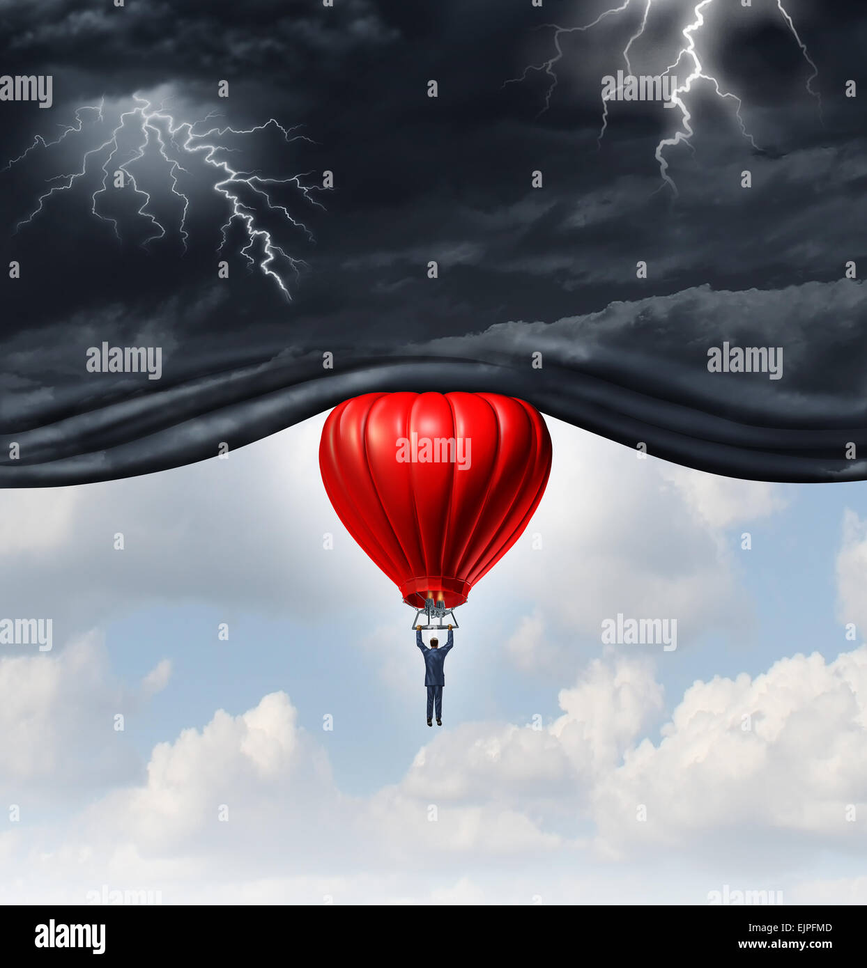 Positiver Ausblick und Erholung Konzept als Person und Geschäftsmann, die Aufhebung der gefährlicheren Dunkelheit stürmischen roten Heißluftballon fahren Stockfoto