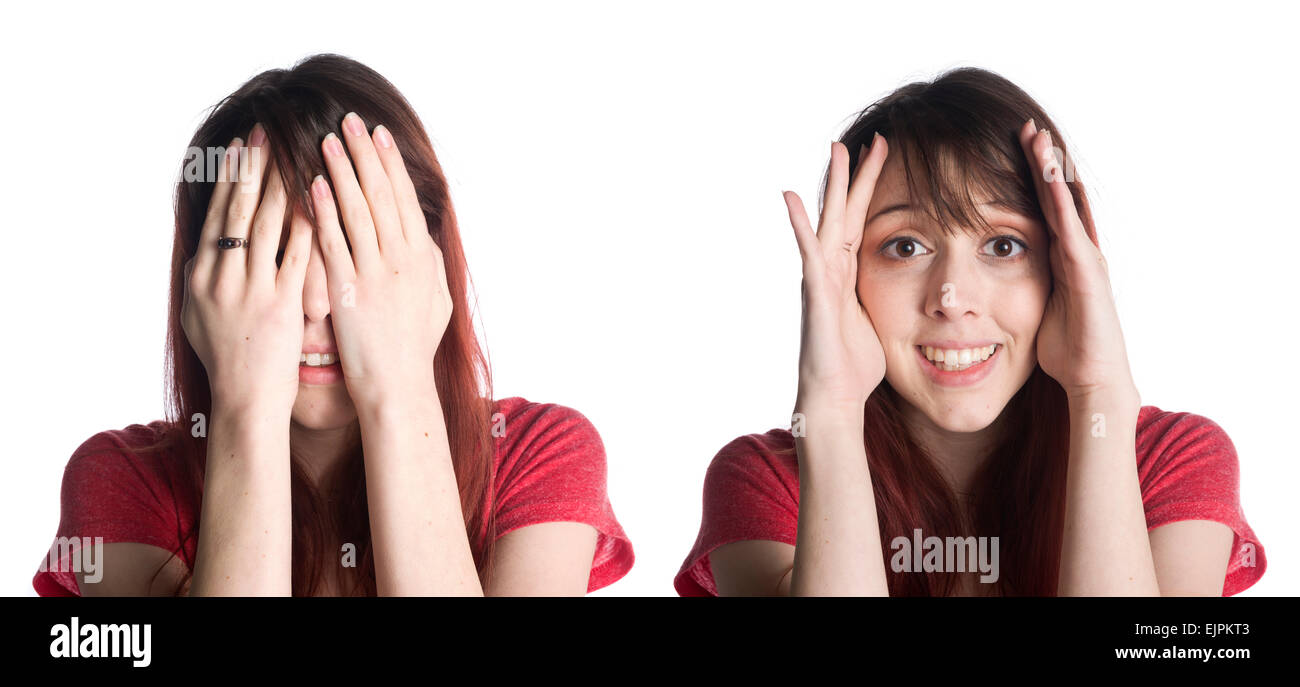 Frau mit den Händen auf das Gesicht für Überraschung-Konzept Stockfoto