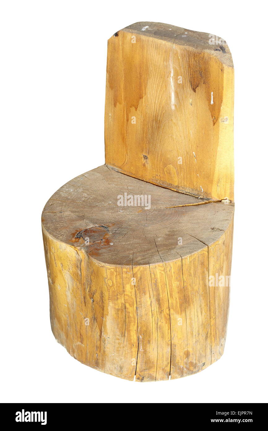 Handgemachte Vintage Stuhl aus Baumstamm isoliert auf weißem Hintergrund Stockfoto
