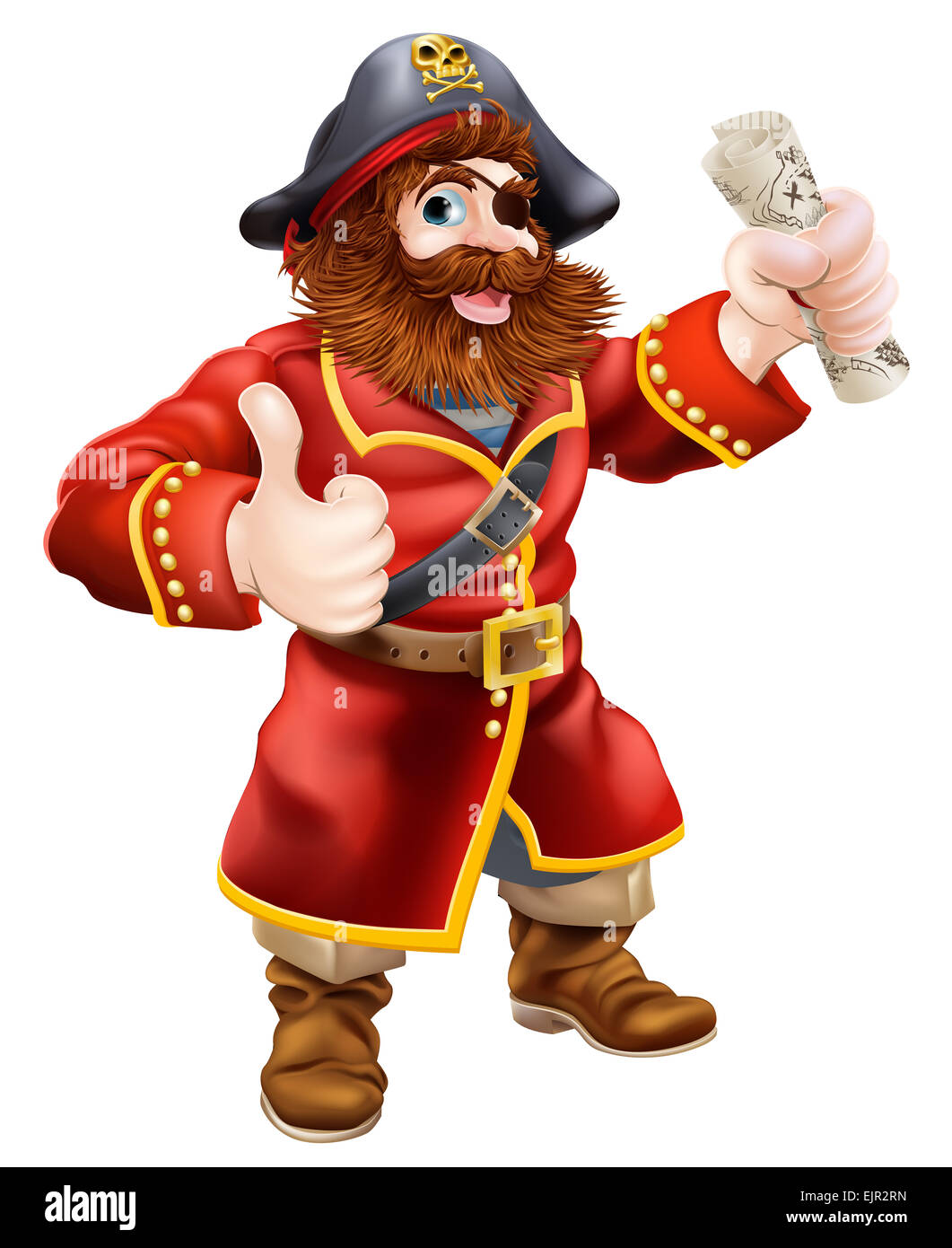 Eine Abbildung eines Cartoon-Piraten tun einen Daumen nach oben und halten eine Scroll-Schatzkarte Stockfoto