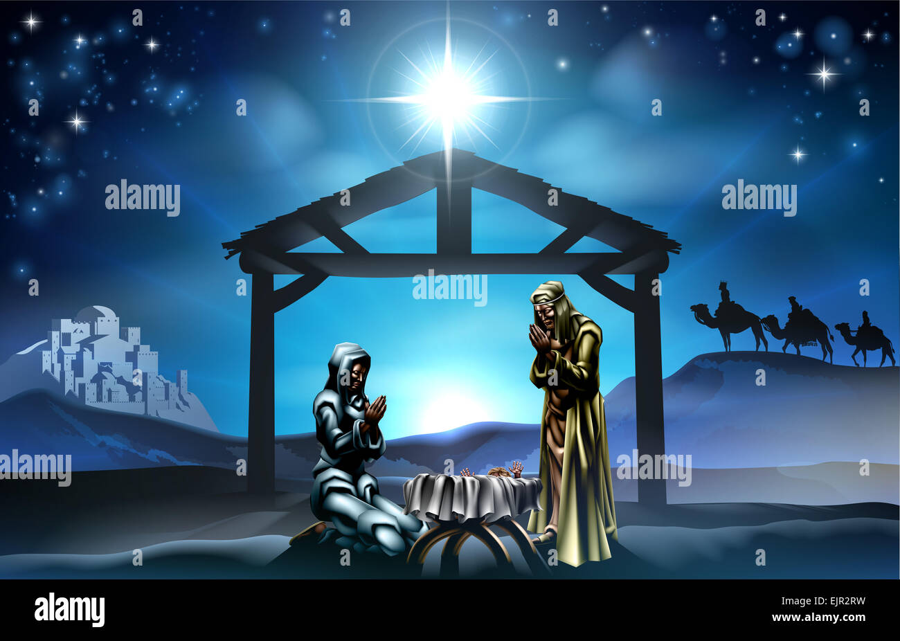 Traditionelle christliche Weihnachtskrippe Baby Jesus in der Krippe mit 