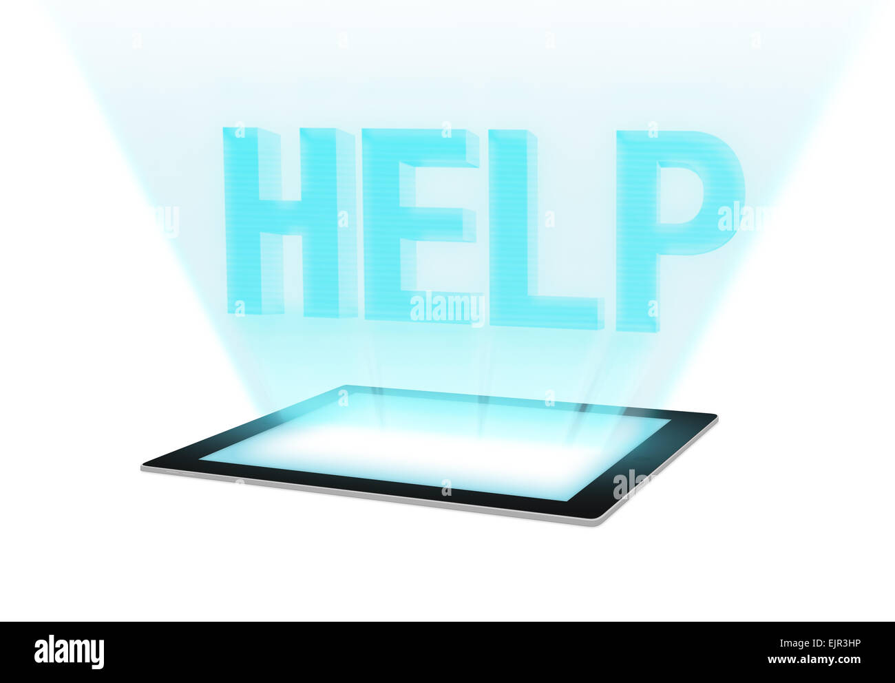 Zukunftstechnologie Hologramm Hilfemeldung auf Touchscreen-Tablet. Stellvertretend für technischen Support auf einem weißen Hintergrund. Stockfoto