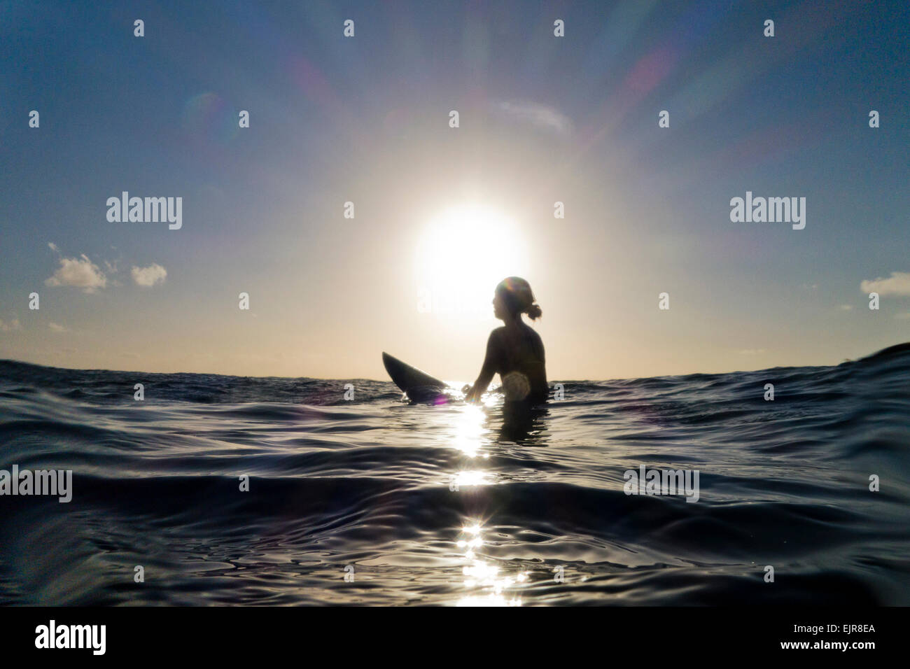 Silhouette der Surfer sitzen auf Surfbrett im Ozean Stockfoto