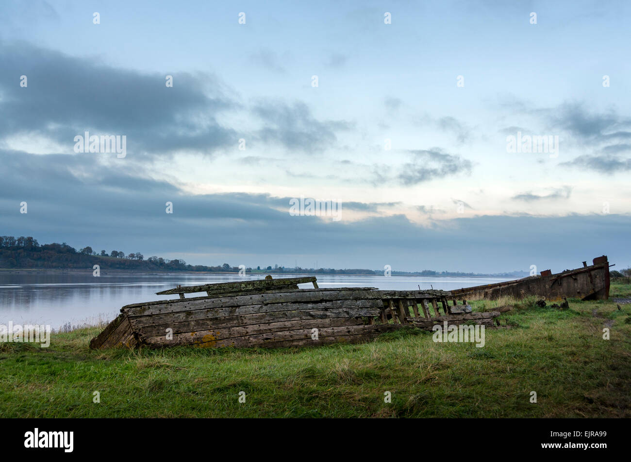 Purton Schiffe auf dem Fluss Severn in der Nähe von Schärfe Friedhof. Viele alte Lastkähne sind hier absichtlich versenkt worden, um Erosion zu verhindern. Stockfoto