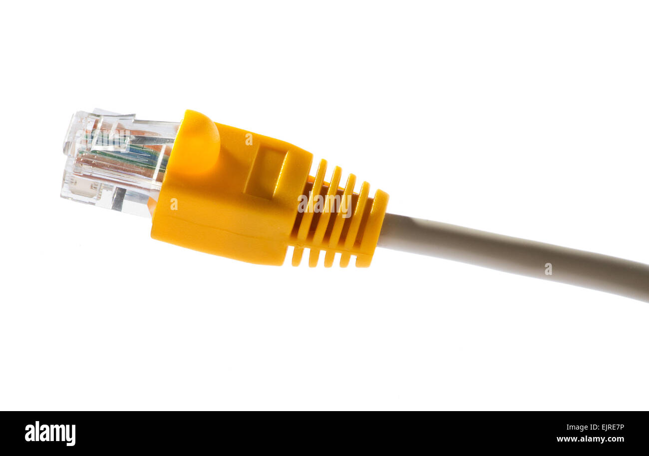 Isolierte helle gelbe ADSL Stecker für ein Modem, Breitband-Internet Zugang zu gewähren Stockfoto