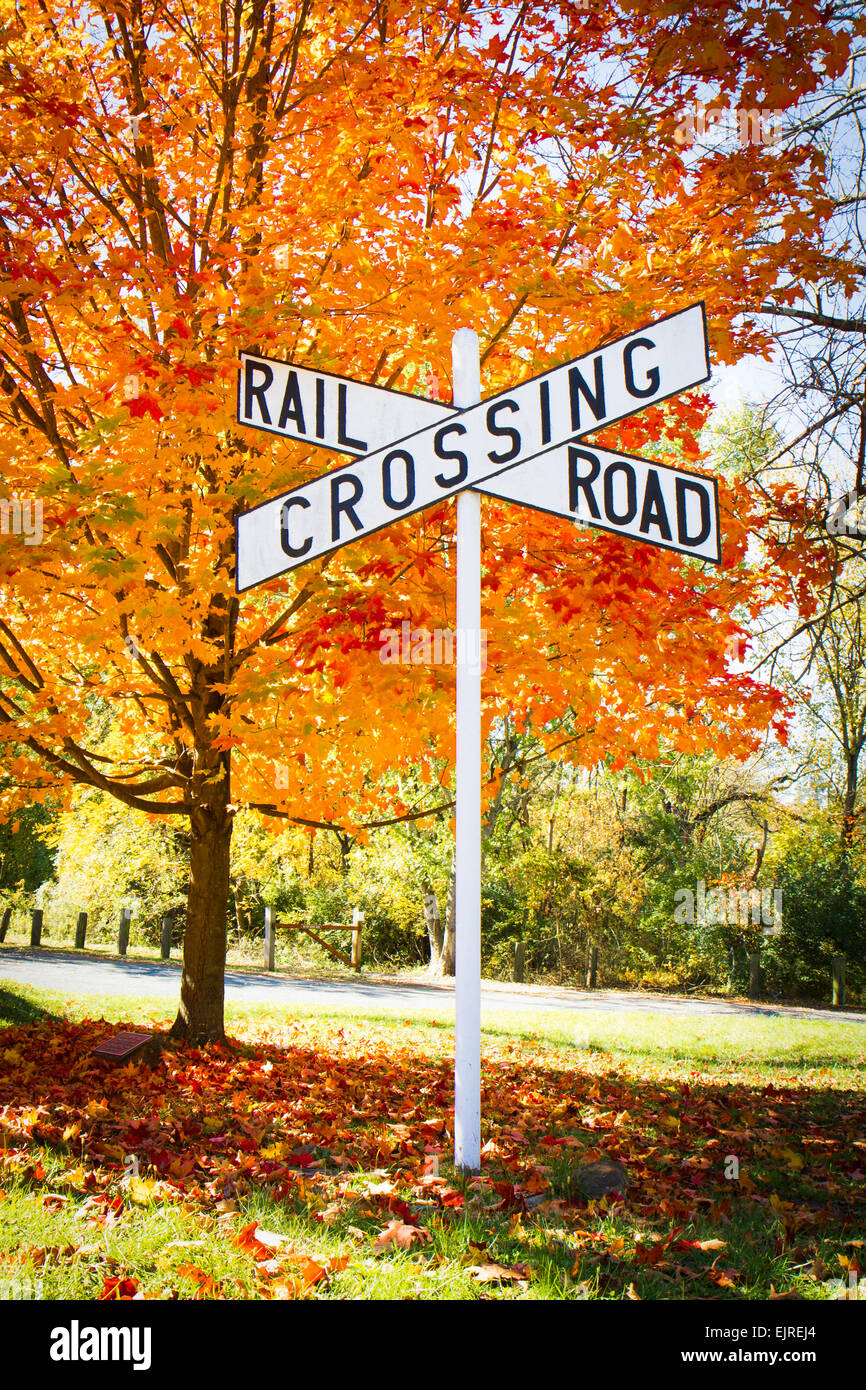 Ein Bahnübergang Zeichen mit einem bunten Herbst Baum; Firma und Raritan Canal State Park, New Jersey Stockfoto